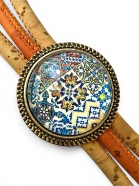 Portuguese Cork & Faux Leather Unisex Bracelet w/ Azulejo Tile Medallion - 7.25"